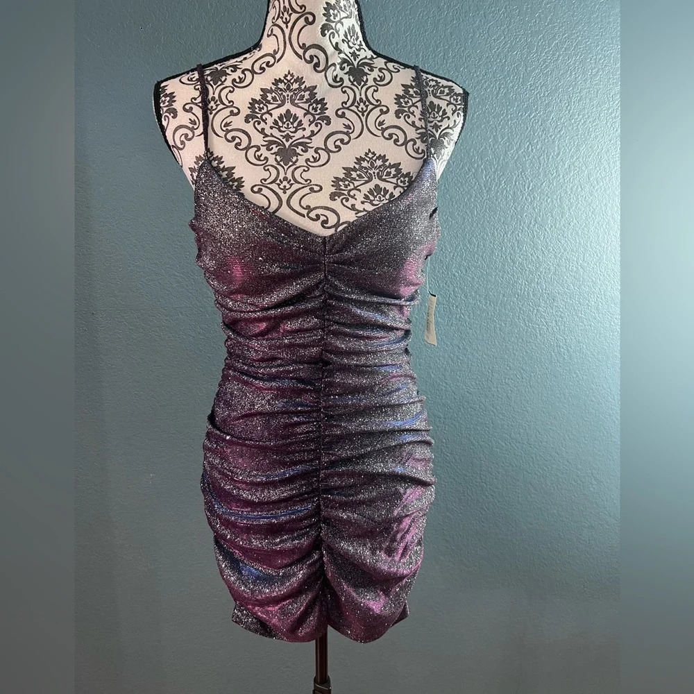 NWT‎ David’s Bridal Purple Glitter Ruched cocktail 
Dress